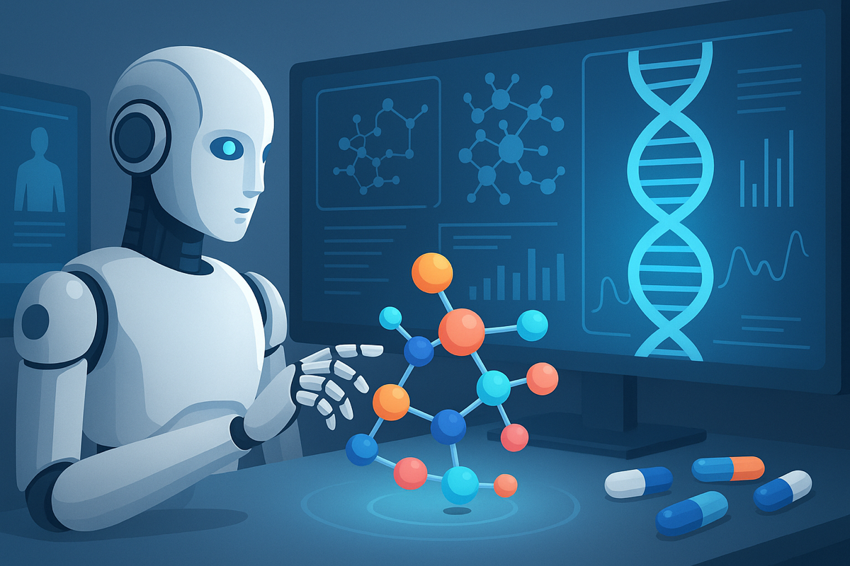 AI algorithms visualize complex data in drug discovery, highlighting the role of AI in drug development.